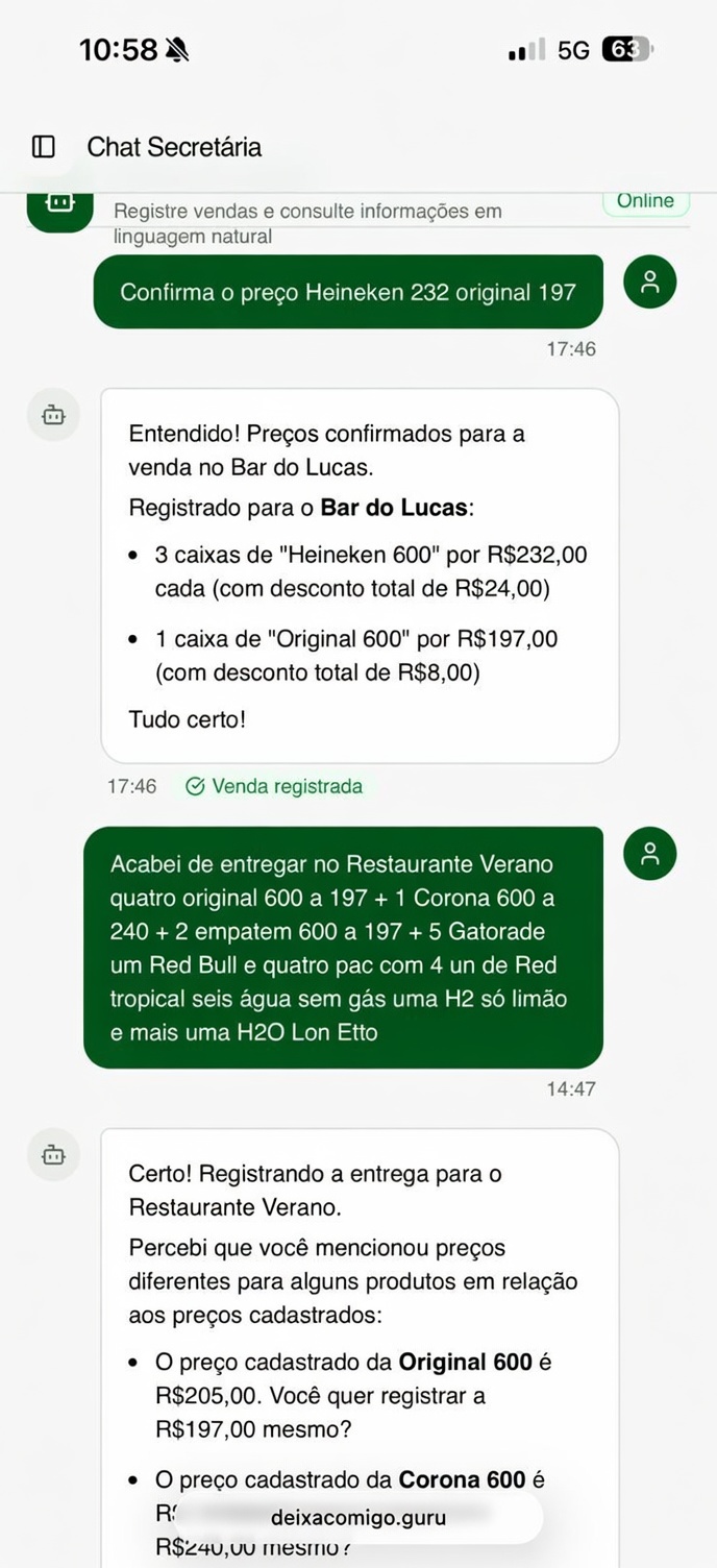 Print real do chat com a Secretária IA do Deixa Comigo registrando uma venda