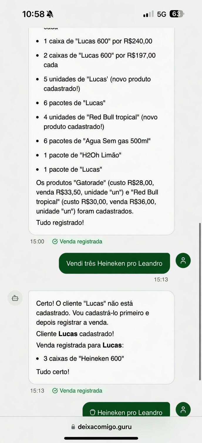Print real do dashboard do Deixa Comigo com vendas do dia, lucro real e transações