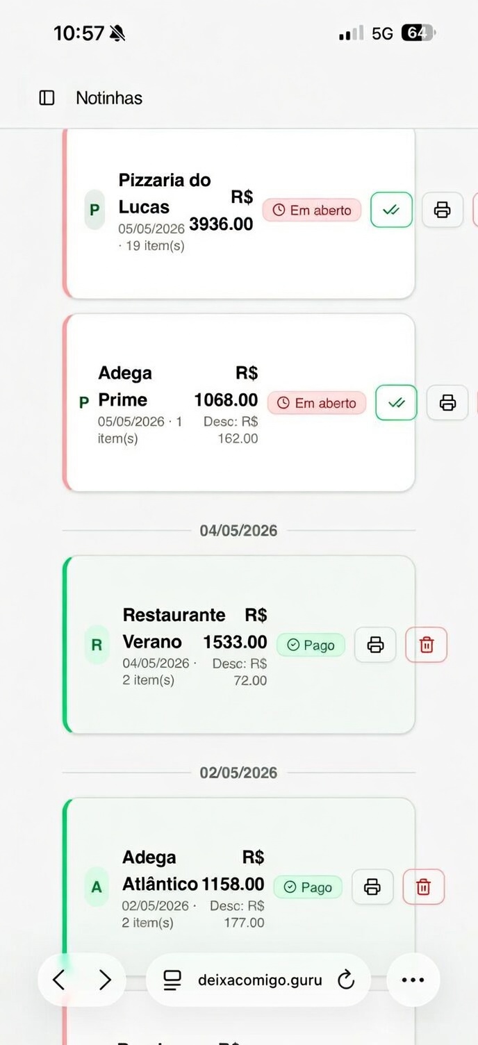 Print real das notinhas do Deixa Comigo com controle de fiado e cobrança