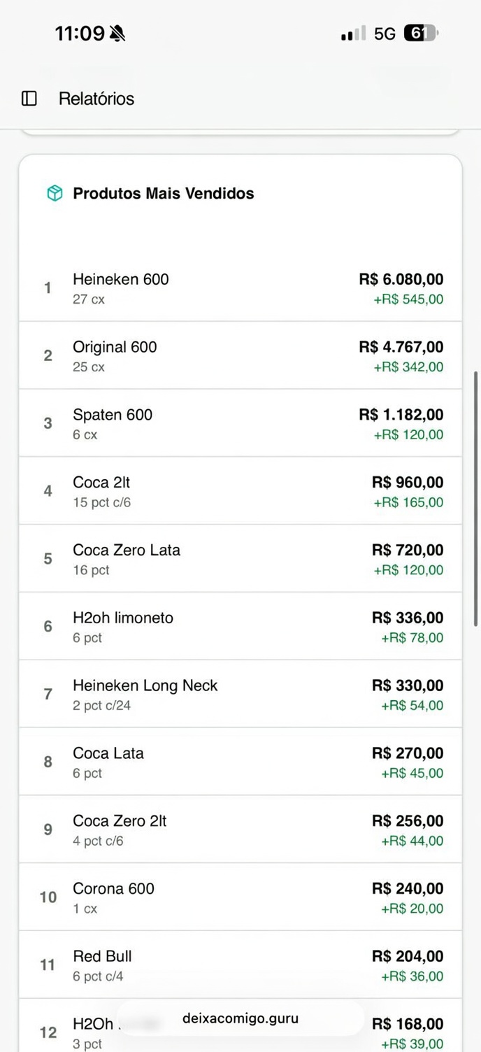 Print real do relatório de top produtos do Deixa Comigo